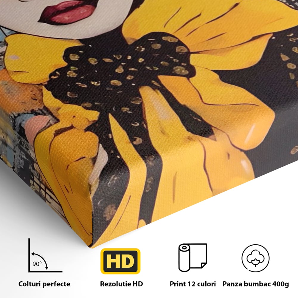 Detaliu al suprafetei: tablou canvas cu portret de femeie blonda, fara rama, pe sasiu de lemn